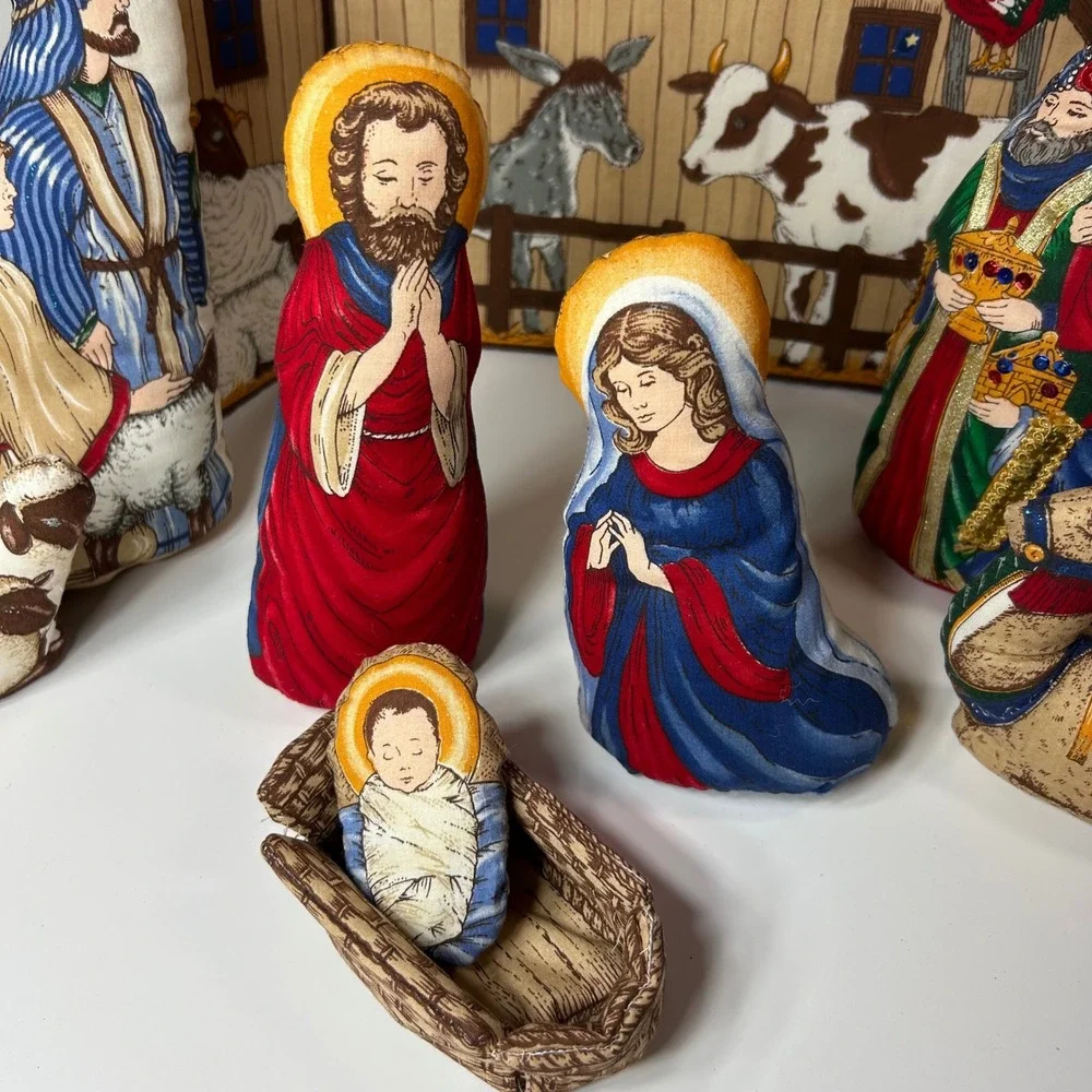 Vintage Soft Fabric Nativity Set 9pc Plush Manger Scene Stable Backdrop Glitter